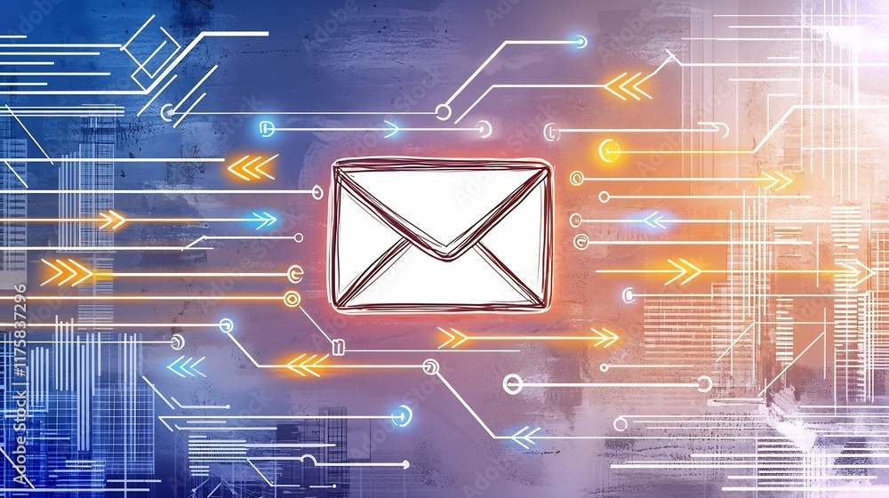 Poster sketch like freehand showcasing a worldwide digital communication network with an envelope icon and 