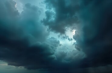 Obraz premium Dramatic dark storm clouds fill sky. Heavy rain clouds gather overhead. Ominous atmosphere. Dark threatening weather. Gloomy sky background. Nature disaster theme. Extreme weather event. Meteorology