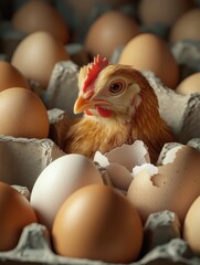 Closeup of Easter chicken in broken eggshell and fresh eggs lying in carton package, Easter eggs in egg box