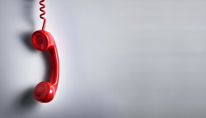 red telephone receiver hanging by coiled cord on light grey background with copy space