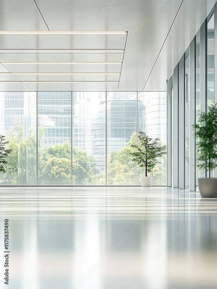 Poster a blurred view of an empty modern office space with large windows and a bright ambiance extending se