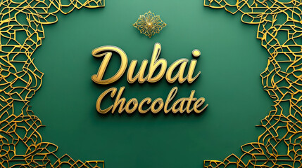 golden  text Dubai chocolate on green background.   Discover the elegance of Dubai's chocolate offerings with intricate designs and rich flavors. 