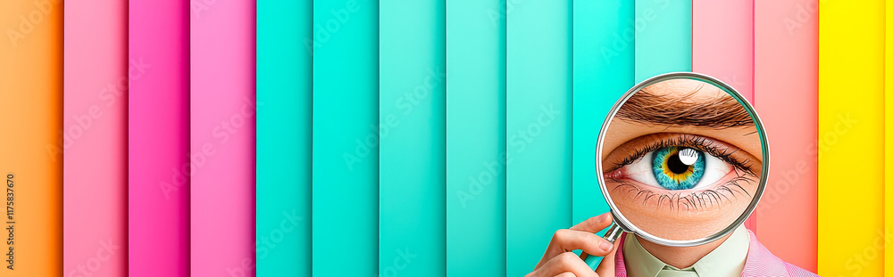 Poster magnifying glass reveals detailed patterns in a colorful backdrop of vibrant hues and textures