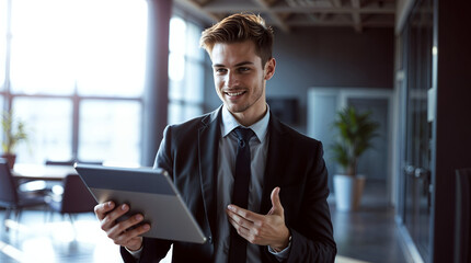 Fototapeta premium A smiling man in a suit, holding a tablet, stands in an office setting