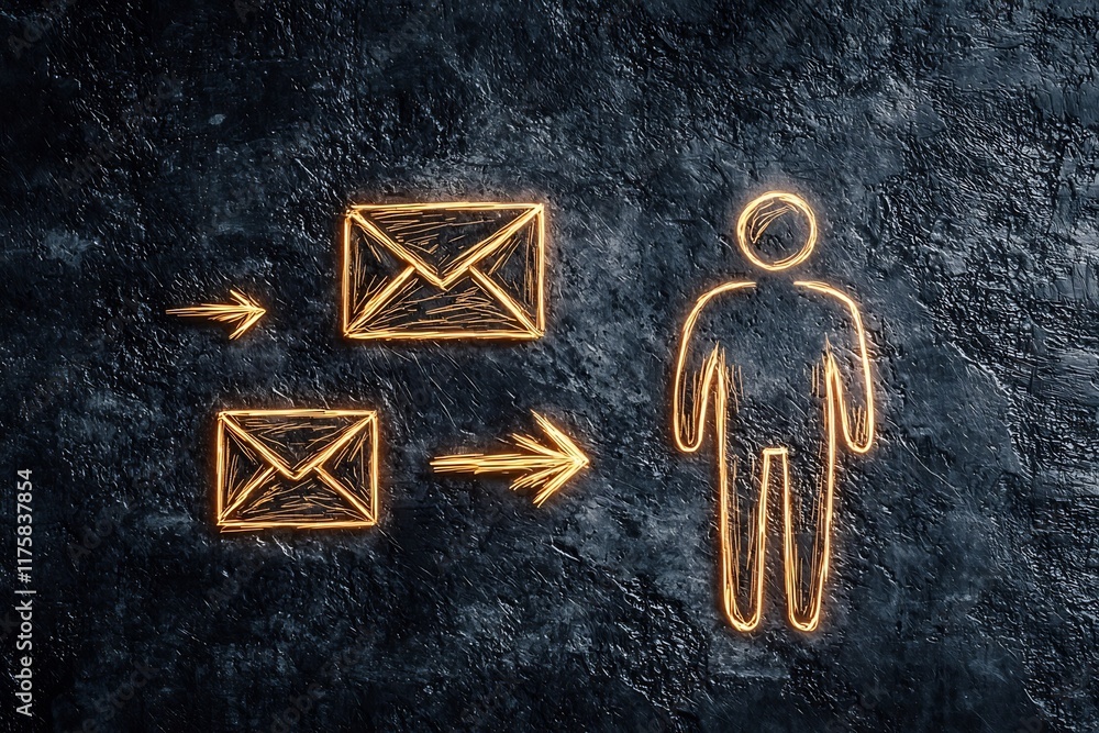 Poster symbolic visual metaphor showcasing a hand sketched human user envelope icon and fluid arrow element