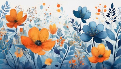 whimsical watercolor floral illustration with blue and orange hues