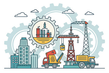 Fototapeta premium Industrial Cityscape with Construction Crane and Gear Elements