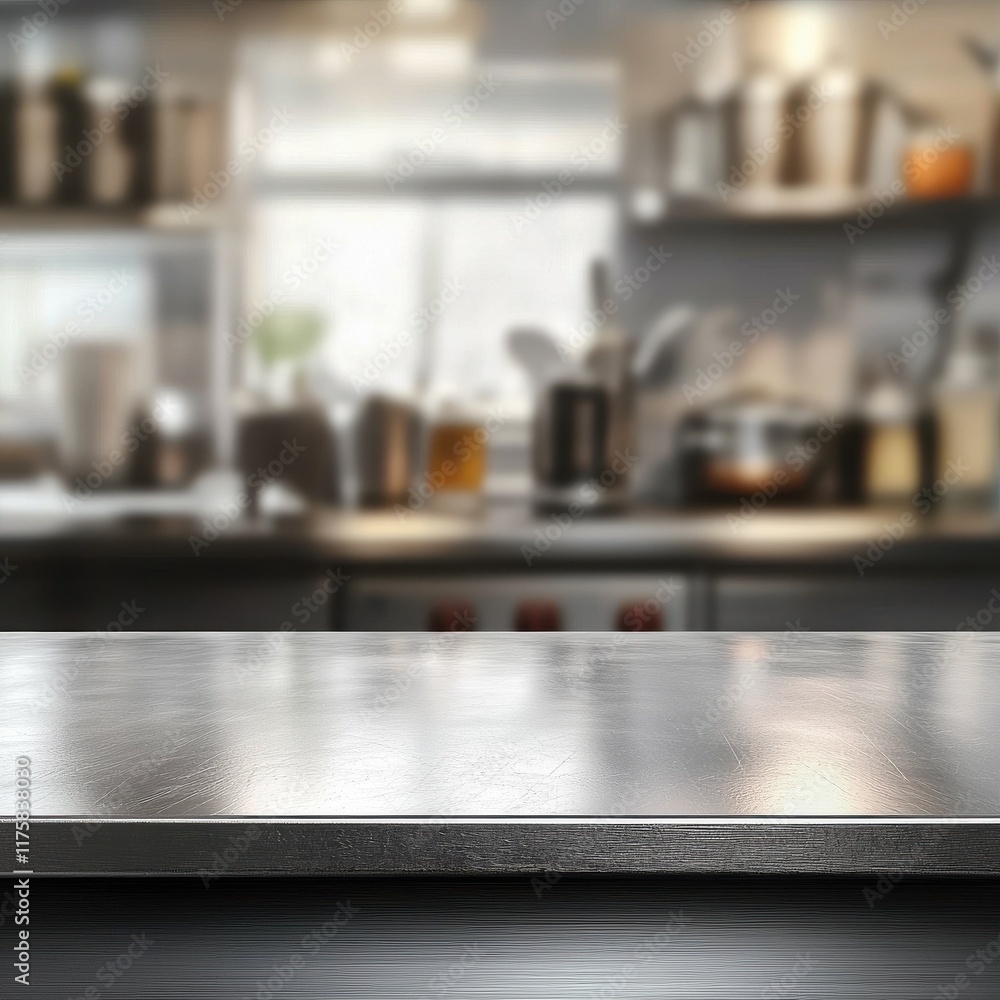 Poster steel table top with blurred empty kitchen background can be used for mocking up or display product 