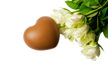 A rich chocolate heart adorned with delicate white roses, creating a romantic and luxurious design. Perfect for love-themed projects on a transparent background