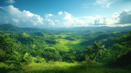 Obraz premium A lush green landscape under a bright sky, showcasing nature's beauty and tranquility.