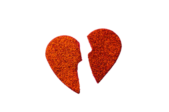 A broken heart split into two halves, with jagged edges, symbolizing heartbreak, sadness, or loss transparent background
