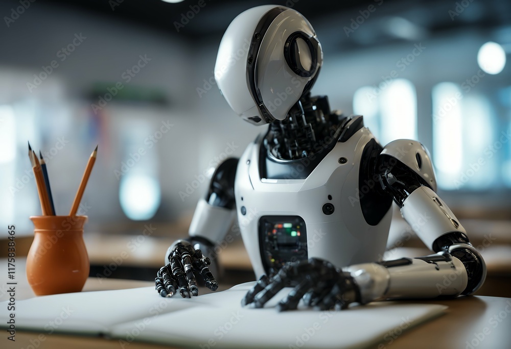 Poster artificial notebook writing bokeh robot background ai intelligence android classroom