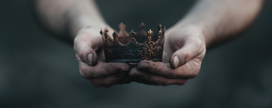 Dirty Hands Holding Crown Close-up Composition, Dark Moody Photography, Humble Royalty Concept Keywords crown, royalty