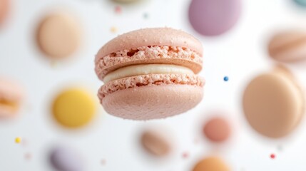 Fototapeta premium Floating Pink Macaron with Cream Filling, Soft Focus, Pastel Background, Sweet Treats Photography Macarons, Food Photography
