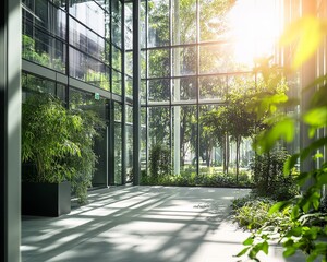Obraz premium Tranquil Interior of High-Tech Sustainable Building with Glass Walls and Garden Courtyard
