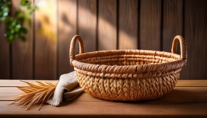 Fototapeta premium a rustic handmade basket on wooden table perfect for home decor and rustic still life photography