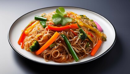 a beautifully presented plate of japchae featuring glass noodles and colorful vegetables on a minimalistic background