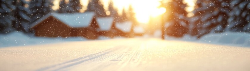 Obraz premium Golden Hour Snowscape Blurred Cabin Background, Sparkling Snow Texture, Winter Wonderland Winter Photography, Snow Scene