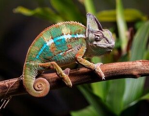 Fototapeta premium a curious chameleon clings to a branch looking at the camera