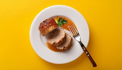 top view of pieces of meatloaf with sauce and fork on white plate isolated on yellow background