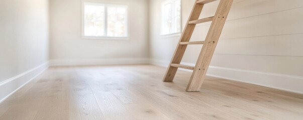 Light Wood Ladder in Minimalist Room Composition, Wood Floor, White Walls, Interior Design,Home Decor Interior Design, Minimalist Style