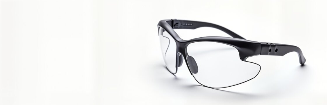 Robust safety glasses highlight eye protection. Safety equipment ensures worker well-being. Eyewear provides clear vision for industrial tasks. Protection against hazards. Prevention better than