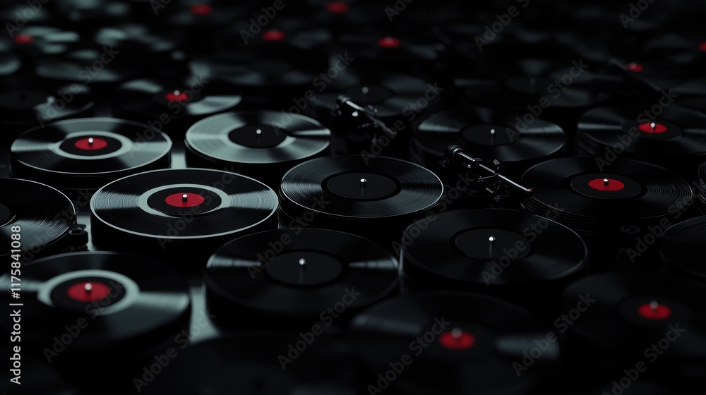 Poster large number of black vinyl records arranged in a grid-like pattern. the records are of different si