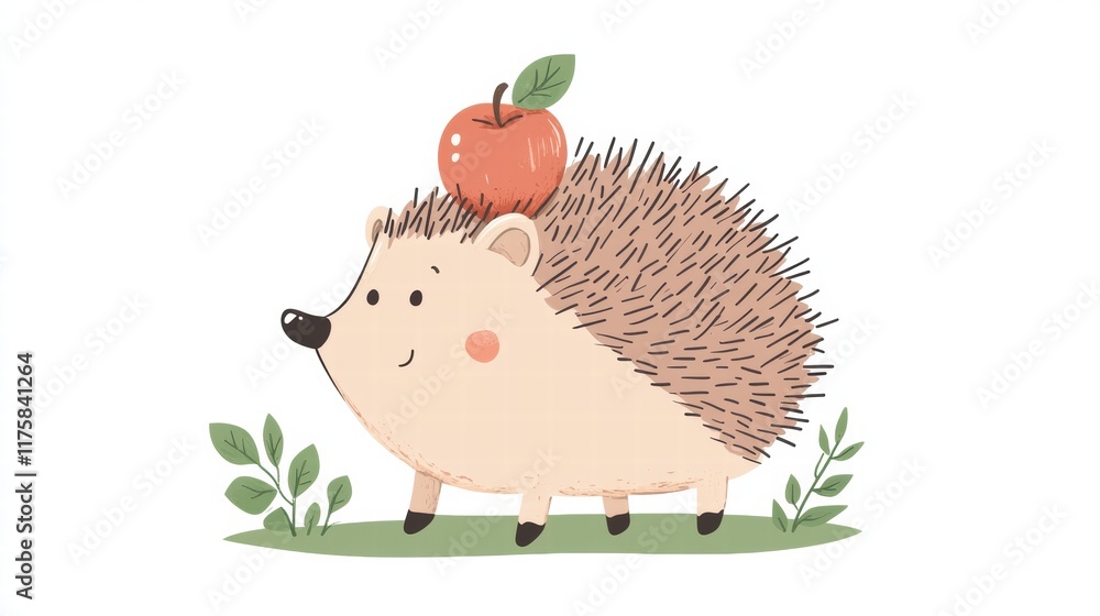 Poster cute hedgehog carries a red apple on its back surrounded by greenery in a whimsical design. generati