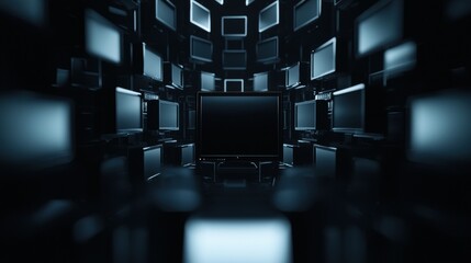 Dark room with multiple computer monitors arranged in a grid-like pattern. the monitors are of different sizes and shapes, and they are all facing the same direction.