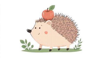 Cute hedgehog carries a red apple on its back surrounded by greenery in a whimsical design. Generative AI