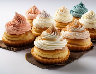 delicious sweet pastries topped with creamy frosting arranged on a white surface