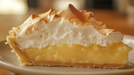  A close-up of a slice of lemon meringue pie, with a golden-brown meringue topping and creamy lemon filling.