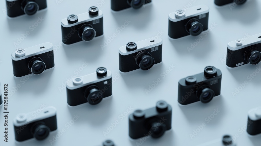 Poster group of small black and white cameras arranged in a grid-like pattern on a light blue background. t