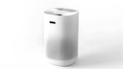A white air purifier sits on a white background