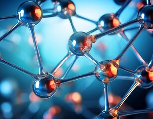 close up of a molecular structure with shiny transparent atoms and bonds highlighting scientific and chemical research concepts