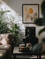 Modern Interior with Soft Lighting and Framed Abstract Art