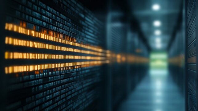 Glowing Code Streams Mysteriously Down Server Room Corridor: Photo, Wide Shot. AI Generated