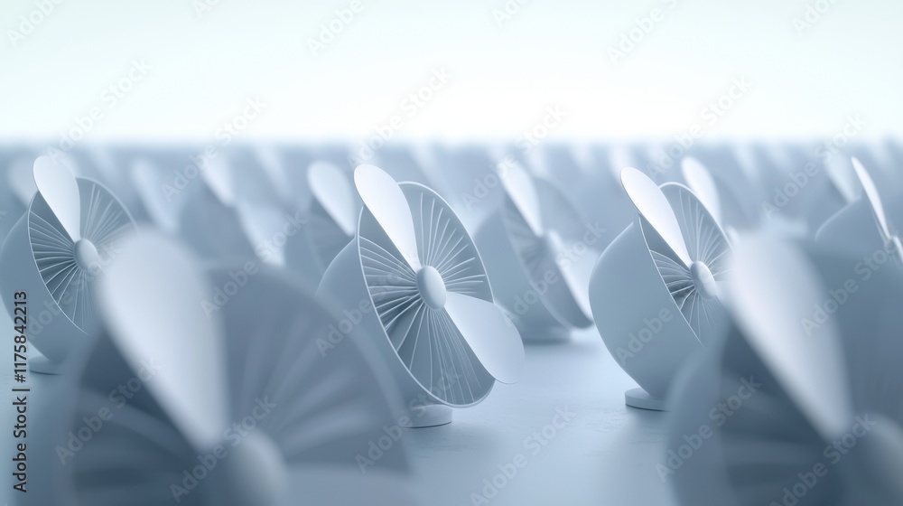 Poster group of white fans arranged in a row on a white surface. the fans are of different sizes and shapes