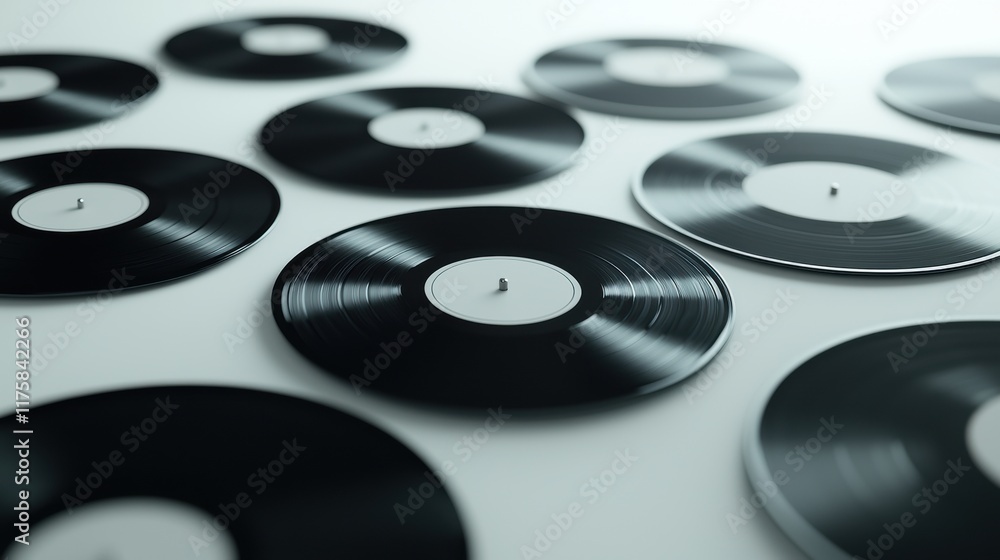 Poster group of 12 vinyl records arranged in a grid-like pattern on a white surface. the records are of dif