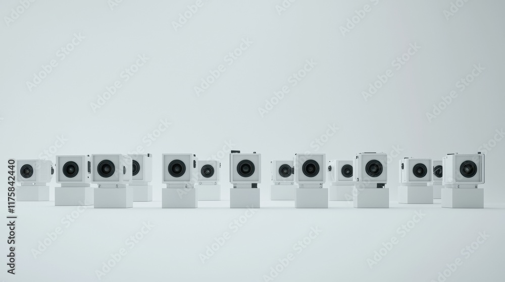 Poster group of nine white speakers arranged in a row on a plain white background. the speakers are all the