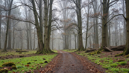 Naklejka premium Misty forest pathway surrounded by tall trees