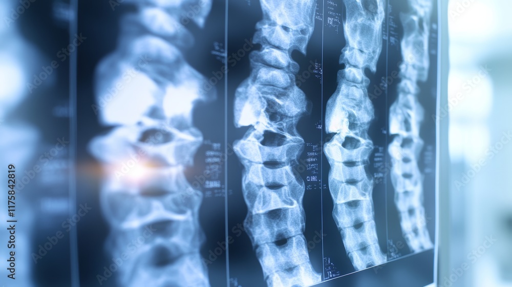 Aufkleber Close up view of a monitor displaying multiple x ray images of a spinal column, providing detailed medical information for diagnosis and treatment planning in a clinical setting