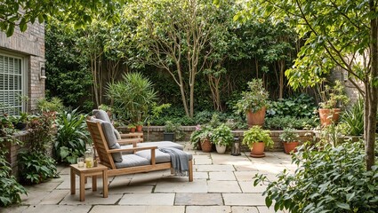Obraz premium Tranquil garden setting with lounge chair iced lemonade and potted plants in a gentle breeze
