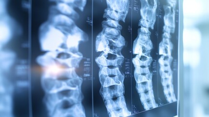 Close up view of a monitor displaying multiple x ray images of a spinal column, providing detailed medical information for diagnosis and treatment planning in a clinical setting