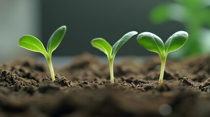 Fototapeta premium Three small green seedlings are growing from dark soil, representing new life, growth, and the importance of sustainable practices for a healthy environment