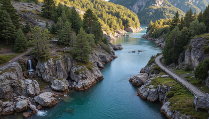 Scenic river flowing through rocky landscape and pine trees