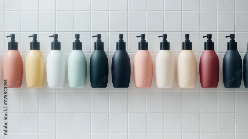 Poster row of nine bottles of different colors arranged in a horizontal line on a white tiled wall.