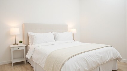 Obraz premium Soothing minimalist bedroom with king sized bed white linens potted plant and warm lighting
