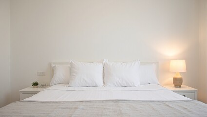 Soothing minimalist bedroom with king sized bed white linens potted plant and warm lighting