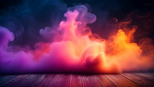 Vivid abstract smoke in purple, pink, and orange hues with a dramatic wooden floor for event promotion or creative branding visuals